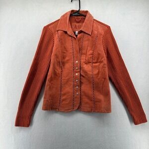 AMI Jacket Brown Women's Medium Leather Knitted Long Sleeve Collared